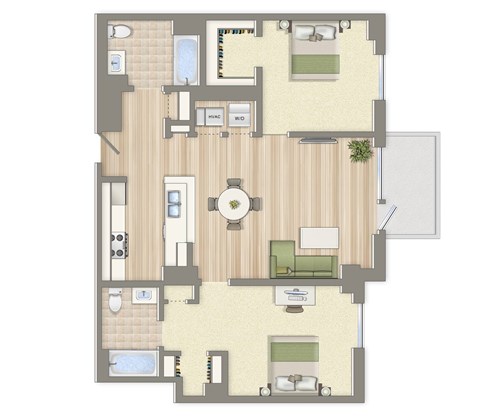 Floor plan for 2 beds, 2 baths, 960 sqft